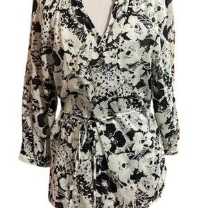Lauren Ralph Lauren Gauzy Floral 3/4 Sleeves Black & White Wrap Blouse Size XL